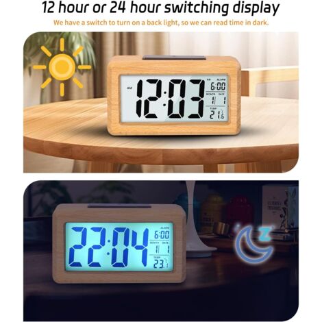 HOMVILLA Réveil Numérique en Bois Réveil Matin Multifonctions Horloge Numérique LCD sans Tic-tac
