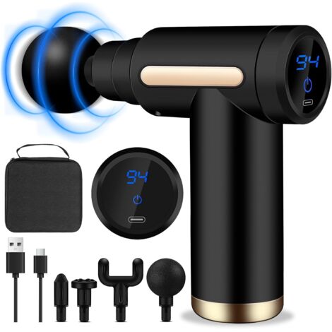 Mini pistolet de massage musculaire, pistolet de massage ultra silencieux, 6 vitesses, 4 têtes de massage, écran LCD, masseur électrique portable pour soulager les douleurs musculaires (1/5)