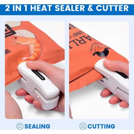 Mini soudeuse de film, avec cutter, 2 en 1, rechargeable, USB-C pour sacs en plastique, sacs à collation, sacs et sacs à copeaux (blanc
