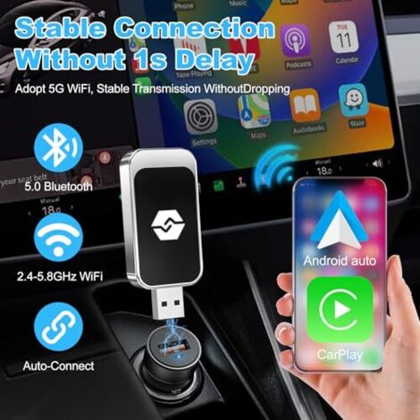 Adaptateur Sans Fil CarPlay/Android Auto - Dongle Plug-and-play, Compact, Pour Voiture, Connexion Automatique - 5