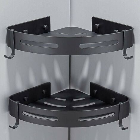 Lot de 2 Etagère Douche d'angle sans Perçage Rangement Salle de Bain Douche Accessoire Salle de Bain Support Porte Savon Douche Aucun Antirouille en Aluminium Avec Crochets Noir