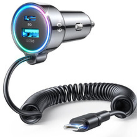 Chargeur allume-cigare USB-C 60 W pour iPhone 16 Pro Max Plus, PD et QC3.0 avec câble spiralé Type-C 36 W de 1,5 m, chargeur rapide pour iPhone 15 Pro, Samsung Galaxy S24/S23/S22, Pixel/Moto/LG/Androi (1/4)