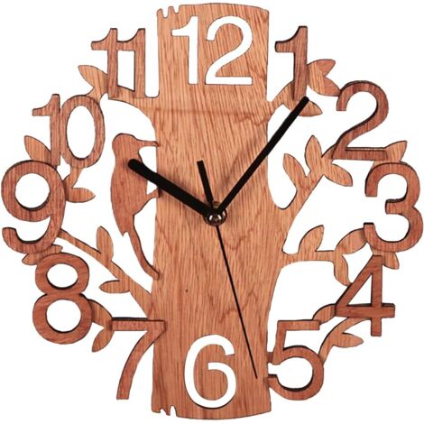 Horloge murale rustique de 22,9 cm en bois avec motif d'oiseau, silencieuse, sans tic-tac, alimentée par piles, décorative pour la maison, la cuisine, le salon, le bureau, la chambre à coucher (1/5)