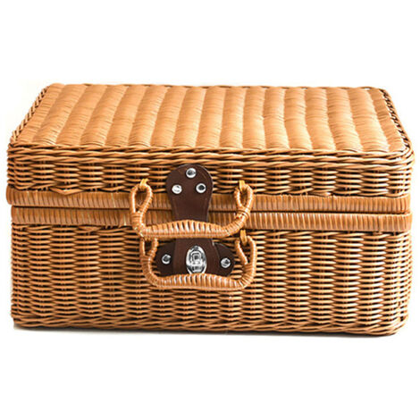 Coffre de rangement imitation rotin tressé – Panier osier avec serrure en cuir lisse – Design compact pour cosmétiques et accessoires