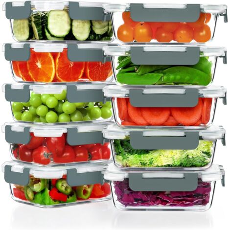 Lot de 10 boîtes à repas en verre hermétiques avec couvercles, sans BPA, passent au micro-ondes, au four, au congélateur et au lave-vaisselle, gris (1/5)