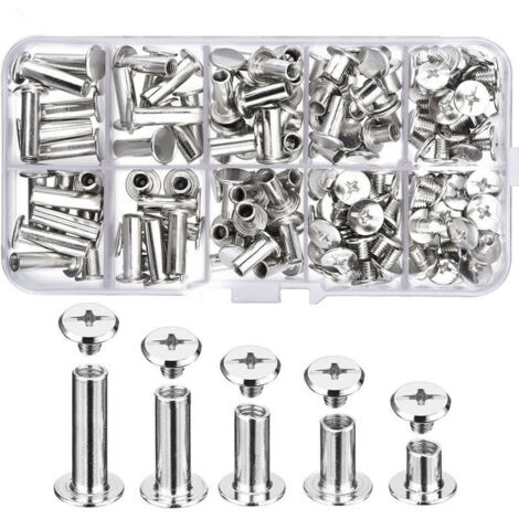 5 Tailles en Métal Vis de Reliure 100 Pcs, Chicago Vis, Rivet à Visser Solide Inoxydable pour DIY, Décoration de Cuir, Réparation de Reliure, Loisirs Créatifs, etc (Argent) (1/5)