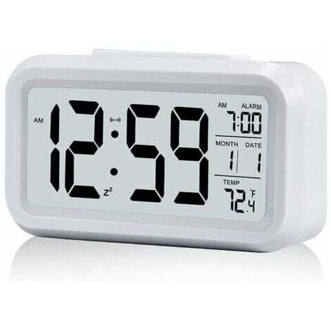 Réveil Digital Réveil Matin, Horloge Numérique Réveil à Pile Silencieux pour Enfants Adultes Grand écran LED Température Calendrier(Blanc)