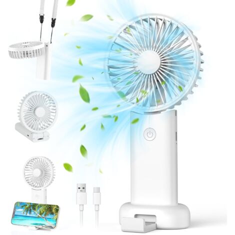Mini ventilateur portable, ventilateur à main, petit ventilateur de voyage, ventilateur manuel rechargeable avec 3 vitesses, ventilateur personnel pour extérieur, déplacement, bureau, camping (blanc)