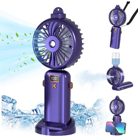 Mini Ventilateur, 5000mAh Ventilateur Portable Rechargeable USB, 5 Vitesses Réglables, Ventilo Portable de Brumisation, Petit Ventilateur für Büro, Einkaufen, Reisen (Violet)