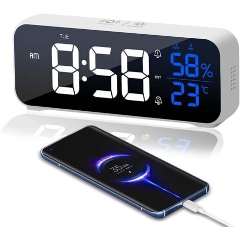 Réveil Numérique, Horloge Numérique LED Horloge Digitale Réveil Design Miroir, Reveil Matin 5 Modes d'Alarme Réglables et 5 Niveaux de luminosité réglable, 12/24 Heures, Blanc (1/4)