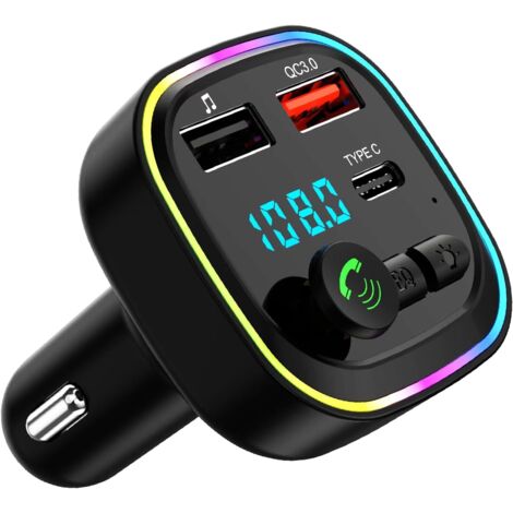 Transmetteur FM Bluetooth Voiture, Allume Cigare Bluetooth Kit MP3 sans Fil à Charge Rapide QC3.0, 2 Ports USB et 1 Port Type-C, Appels Mains Libres, Support USB/Carte TF (1/4)