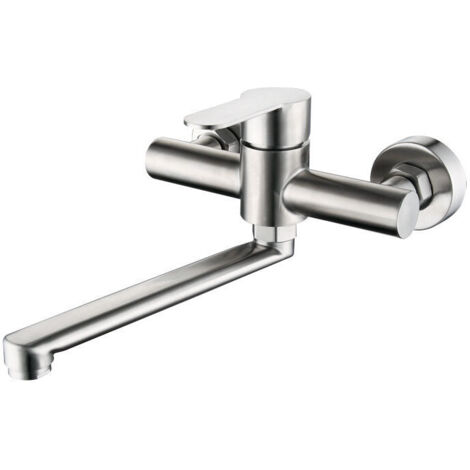 Robinet de Cuisine Mural, Bouche Longue Mitigeur d'Evier Robinet Rotatif à 360 Ḟ Inoxydable Monocommande pour Évier de Cuisine Salle de Bains (argent) (1/4)