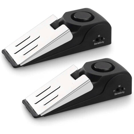 Lot de 2 butées de porte avec alarme de sécurité 120 dB, sirène de butée de porte à cale-pied, dispositifs de sécurité pour voyage, appartement, hôtel et maison, noir (1/5)