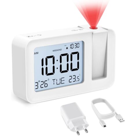 Reveil Projecteur Plafond, Réveil Numérique avec Température Intérieure, 4 Niveaux de luminosité de Projection Ajustables, Réglage 12/24H pour Chambre à Coucher, Bureau