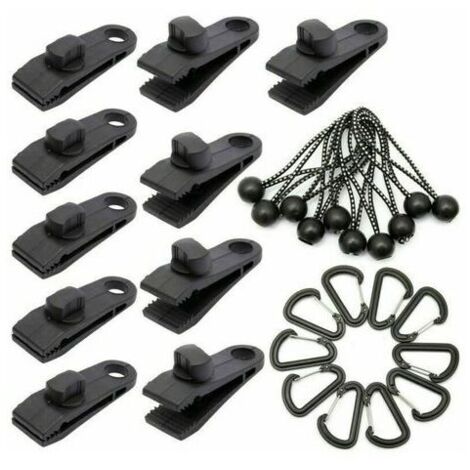 Lot de 10 Clip de Fixation Bache avec 10 Cordon Elastique avec Boule pour Auvent, Clips de Verrouillage Clips de Bâche Clips Toile de Tente en Linoléum en Plastique pour Bache Auvent, Pinces à Bâche (1/5)