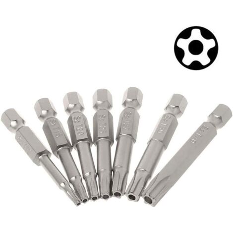 7pcs Embouts de Tournevis Magnétiques à Tête Étoilée de Tige Hexagonale 6.35mm Bit Set Embouts Tournevis Sécurité Torx à 5 Pointes Inviolable en S2 Acier T10-T40 Tournevis Bits de 50 mm (1/5)