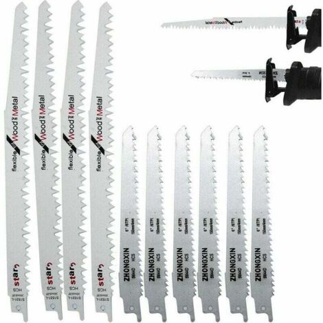 Pack de 10 lames de scie sabre en acier haute teneur carbone – 4 lames R1021L 240mm + 6 lames R644D 150mm – Pour bois et métal