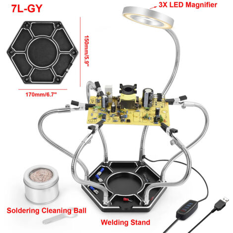 Troisième Main Soudure, Troisième 3eme Main avec 6 Bras Flexibles Réglables, Loupe 3X LED pour Réparation Électronique, Modélisme et Loisirs Créatifs (1/2)