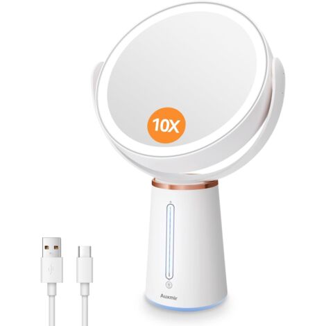 Miroir Maquillage Lumineux Grossissant 10X/1X, Miroir Double Face avec Eclaire Variable et Rotation 360°, Miroir Cosmétique de Table sur Pied Rechargeable 2500mAh pour Soin du Visage (1/5)