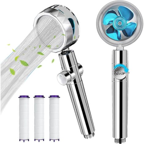 Pommeau de douche haute pression avec ventilateur turbo rotatif à 360 degrés, pommeau de douche hydrojet avec 3 filtres turbocompressé (bleu) (1/5)