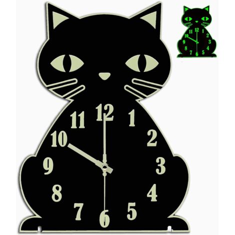 Horloge murale chat phosphorescente – Horloge lumineuse silencieuse pour chambre, salon, décoration intérieure, mignonne et unique pour enfants, amoureux des chats – Noir (1/5)