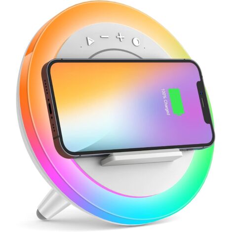 Enceinte Bluetooth Veilleuses, Lampe de Chevet avec Chargeur Sans Fil, Meilleures Idées Festival Cadeau Pour Fille, Garcon, Papa, Maman (Charge sans fil 5 W), Blanc