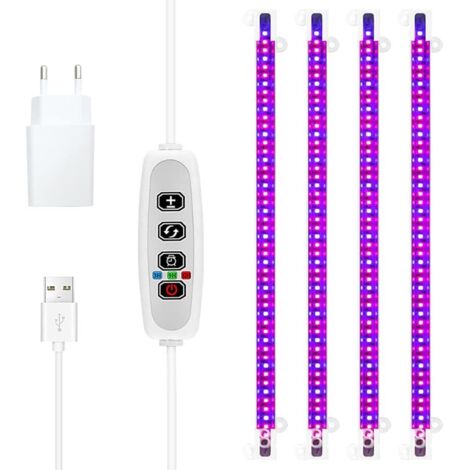 Bande lumineuse de croissance des plantes - LED - 430 nm + 660 nm - Lumière rouge et bleue - Minuterie 3/9/12 heures - Mode 4 interrupteurs - Lampe de croissance pour plantes succulentes - 4 tubes -