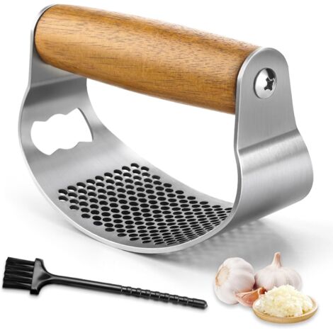 Presse Ail Inox a Bascule, Ecrase Ail Presse Ail Inox Professionnel Ecraseur D'ail Presse-ail Avec Nettoyage Facile Manche en Bois Massif Hachoir Ail (1/5)