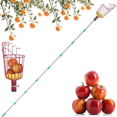 Cueilleur de pommes avec manche télescopique 3.2 m, cueilleur de fruits avec panier à tête rouge, poteau de connexion en métal et acier inoxydable, 6 pièces pour pêcher, oranger, citronnier (1/5)