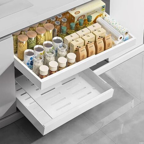Tiroir coulissant, tiroir rétractable, tiroir coulissant cuisine,plateau coulissant placard cuisine,organisateur de cuisine, extensible de 32 à 52 cm, aucun perçage requis (blanc)