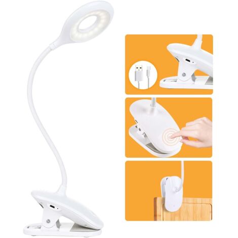 Lampe de Bureau LED, Lampe de Lecture 1200mAh Rechargeable 16 LEDs 3 Luminosité Lampe Pince pour Lit 360° Flexible Lampe de Chevet Tactile sans Fil pour Enfant, Nuit, Étude et Travail
