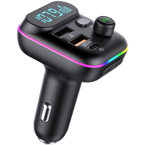 Transmetteur FM Bluetooth Voiture, Allume Cigare Bluetooth 5.0 Émetteur Radio, Chargeur Rapide de Voiture PD Type C+ QC3.0, Appels Mains Libres, Lecteur de Musique MP3 Basse Support U Disk (1/5)