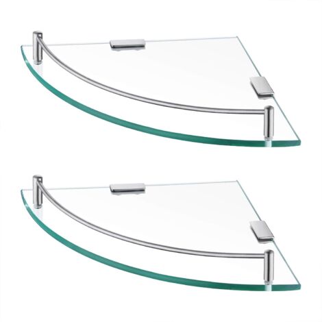 Étagère d'angle en verre pour salle de bain, lot de 2, étagère en verre trempé avec rail, acier inoxydable SUS 304, fixation murale, finition brossée (1/5)