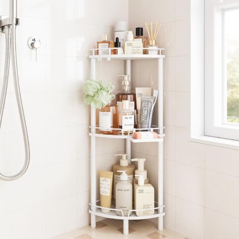 Support de douche d'angle sur pied en acier inoxydable – 3 niveaux avec porte-savon – Pieds réglables et 2 crochets – Dimensions 24,3 x 24,3 x 80 cm