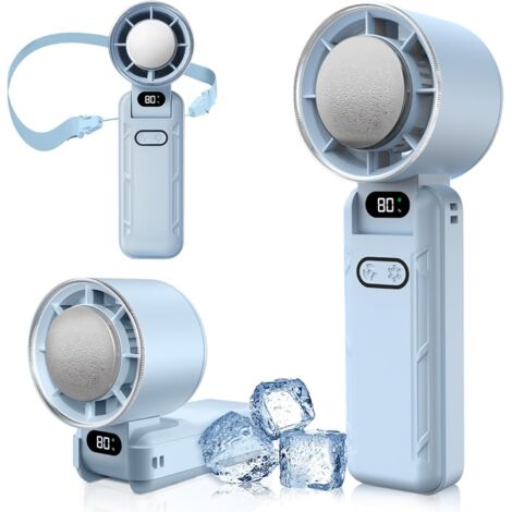 Mini Ventilateur Portable, Ventilateur de Poche à 5 Vitesses avec Refroidissement, 3600mAh Rechargeable via USB, Écran LED, pour Camping, Extérieur, Voyages et Vacances à la Plage (BleuClair)