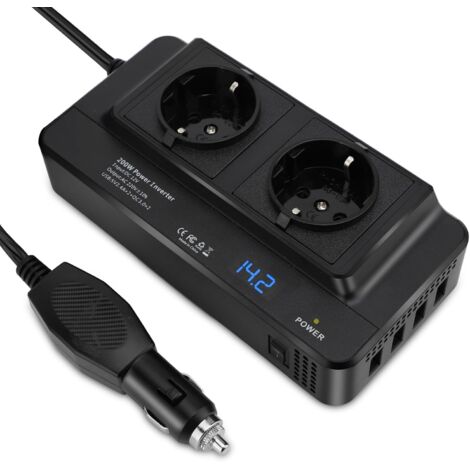 Convertisseur de tension 12V-220V 200W – 4 ports USB – 2 prises EU – Protection contre surcharges et courts-circuits – Écran LCD