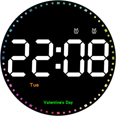 Horloge murale ronde, 25 cm, grande horloge murale numérique, grand écran avec trotteuse arc-en-ciel, affichage/semaine/température/luminosité réglable, horloge murale LED pour maison/bureau/garage (1/5)