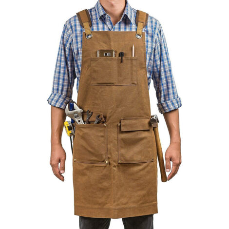Tablier de travail pour hommes,Tablier de Soudure avec 7 Poches,tablier à outils en toile cirée robuste pour charpentier,menuisier avec sangles croisées dans le dos,réglable M à XXL,brun (1/5)