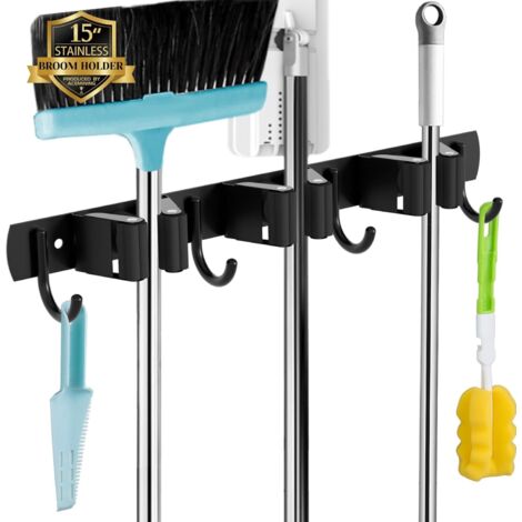 Accroche Balai Mural, 3 Supports + 4 Crochets Noir Porte Balais Mural, Support Balais Mural, Porte Balais Mural Sans Percage, Rangement Balai, Attache Balai Mural (1/5)