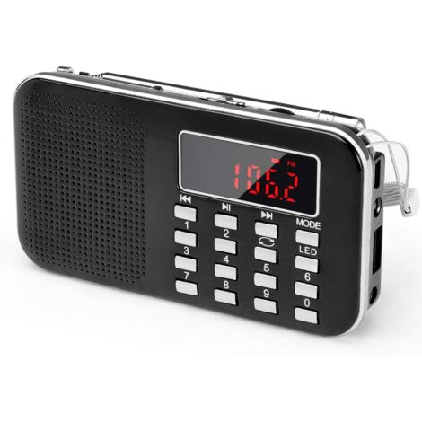 Poste Radio Portable AM/FM, Petite Radio Portable Rechargeable avec Batterie Rechargeable de 1200mAh, TransistorRadio avec éClairage de Secours, Mini USB/SD/AUX (Noir)