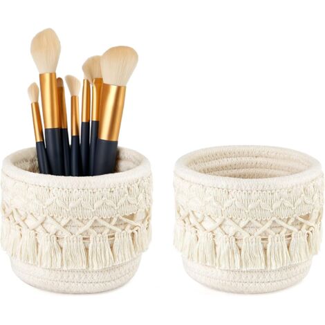 Lot de 2 mini paniers de rangement en macramé pour pinceaux de maquillage - Style bohème - Ivoire (1/5)