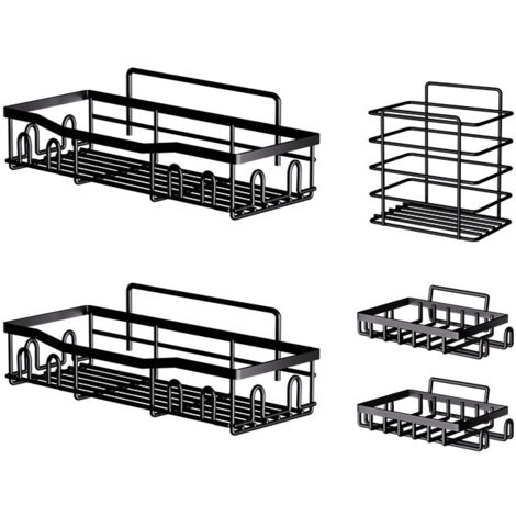Etagere Salle de Bain avec Porte-Savon, 5 PCS,Etagere Douche sans Percage, Accessoire Salle de Bain Antirouille, Rangement Douch avec Crochets, Essentiels pour la Salle Bain, Cuisine (Noir) (1/5)
