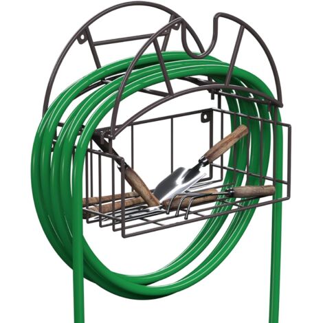 Support de tuyau d'arrosage, support de tuyau d'eau robuste avec panier de rangement pour outils, organisateur de tuyau mural pouvant contenir jusqu'à 150 pieds, support de tuyau décoratif pour jardin (1/5)