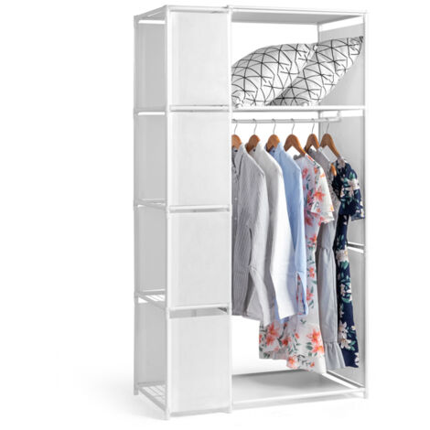 Armoire suspendue à double rangée et 4 niveaux avec rideaux et compartiments de rangement – Armoire en tissu non tissé (88,5 x 44,5 x 162,5 cm, blanche) (1/5)