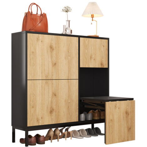 Armoire à chaussures avec tabouret de changement de chaussures, étagère à chaussures avec trois abattants et surface de rangement ouverte, convient pour l'entrée, la chambre à coucher (1/5)