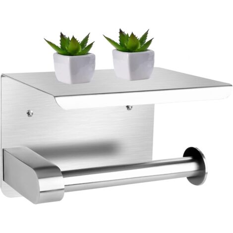 Porte Papier Toilette,Support Papier Toilette Mural,Porte Rouleau Papier Toilette sans Percage avec Tablette, pour Salle de Bain Cuisine, Argent (1/5)