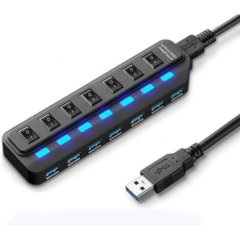 Répartiteur USB Multi-Ports, hub USB 3.0 à 7 Ports, hub de données USB A avec Interrupteur Marche/arrêt indépendant et indicateurs LED, lumières pour Ordinateur Portable, PC, Ordinateur (1/5)