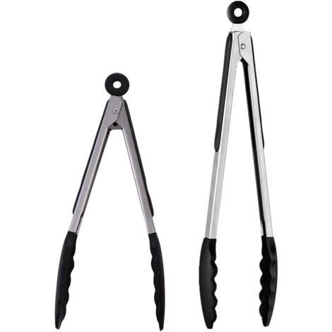 2pcs Pinces Cuisine Professionnel En Acier Inoxydable Et Silicone Alimentaire (Noir/ 30,5 & 23cm) (1/5)