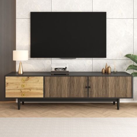 Meuble TV, meuble bas avec panneaux de porte à motif ondulé et trois tiroirs dans une palette de couleurs bois et noir (1/5)