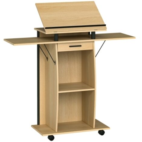 Podium mobile, Pupitre avec ailes latérales rabattables, Table pour Ordinateur Portable avec Tiroir et Étagères, aspect Chêne (1/5)